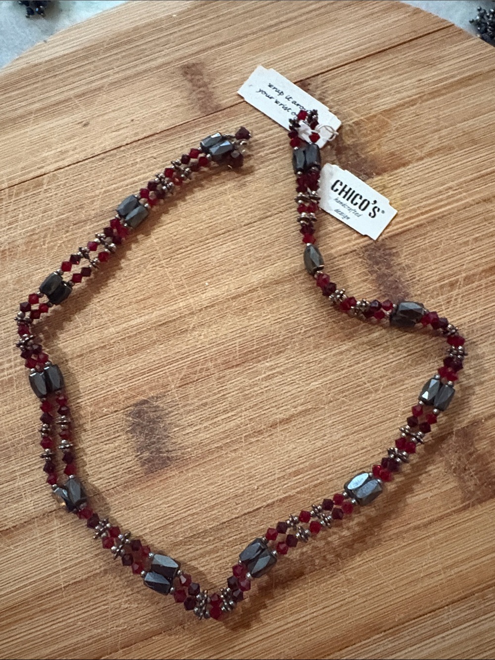 Chico's Burgundy and Hematite Beaded Double-Strand Necklace Magnetic closure.